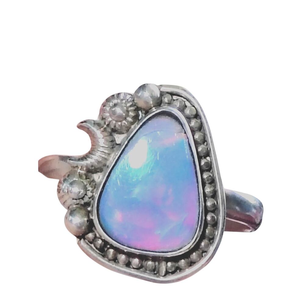 Vintage Sterling Silver Synthetic Opal Artisan Ring Size 12 Pear Cabochon